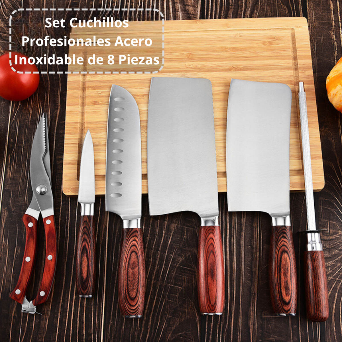 Set Cuchillos Profesionales Acero Martensitico 8 Pzs Con Base Y Tabla Para Cortar