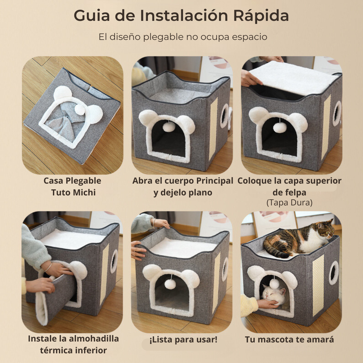 Tuto Michi - Cama Para Gato Tipo Casita de 2 Niveles Plegable Con Rascador