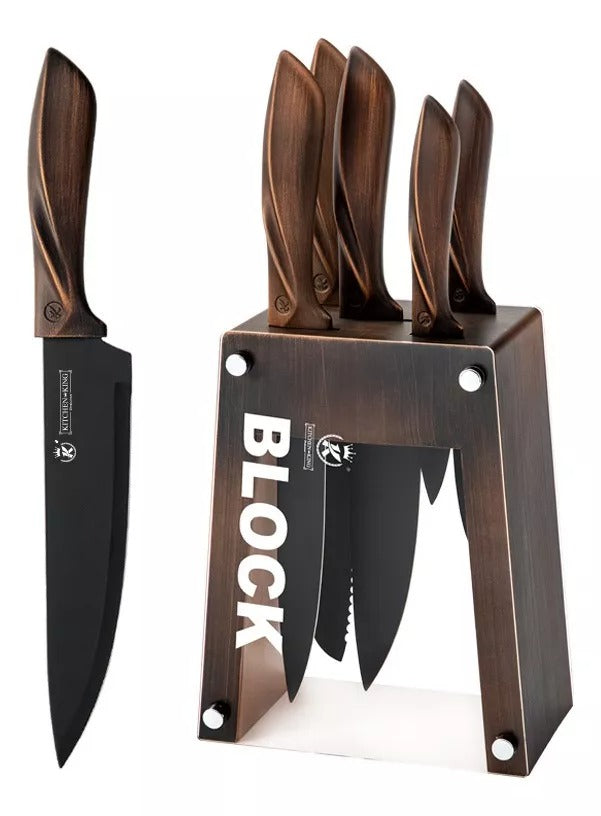 Set Cocina Cuchillos 6 Piezas Con Base Madera Hoja Negra