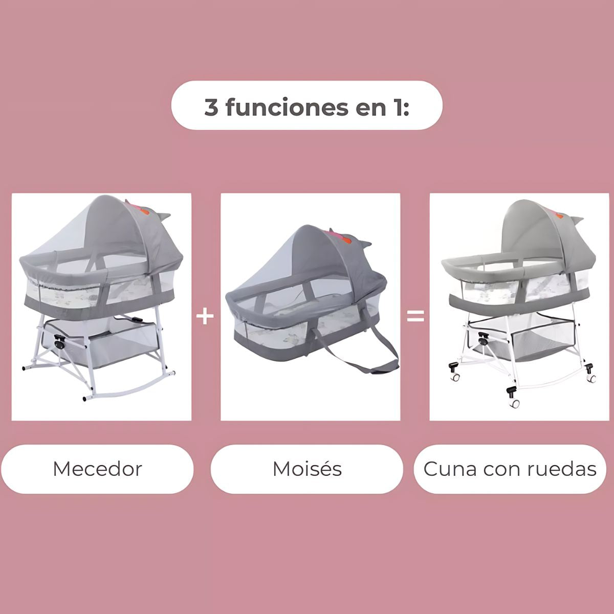 Cuna de bebé Moises Portátil Plegable 3 en 1 Gris Con Ruedas