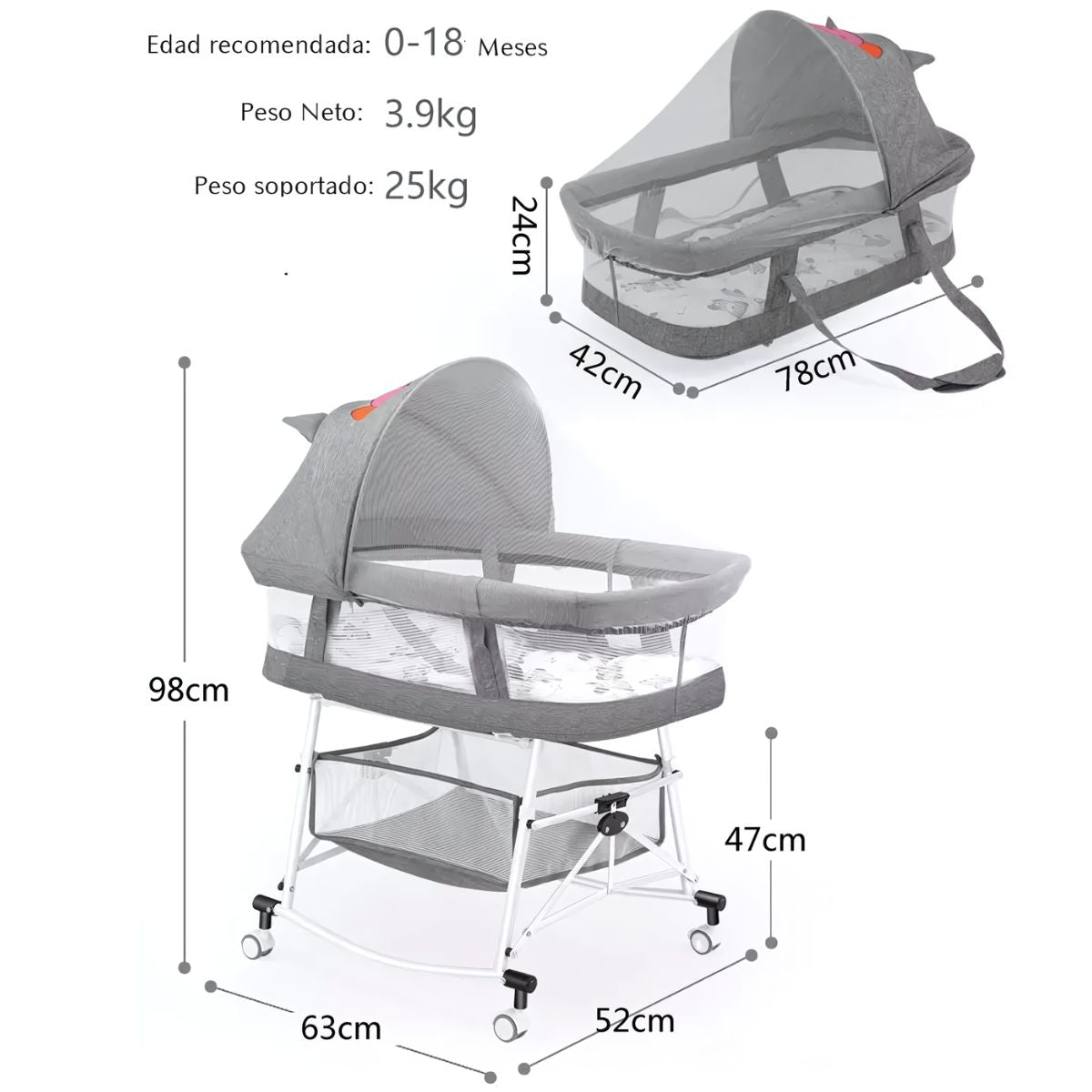 Cuna de bebé Moises Portátil Plegable 3 en 1 Gris Con Ruedas