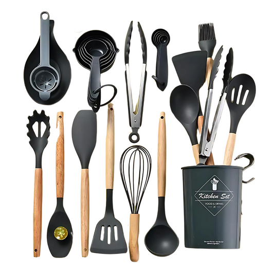 Set De Utensilios De Cocina Silicona Mango Madera 34 Pzas