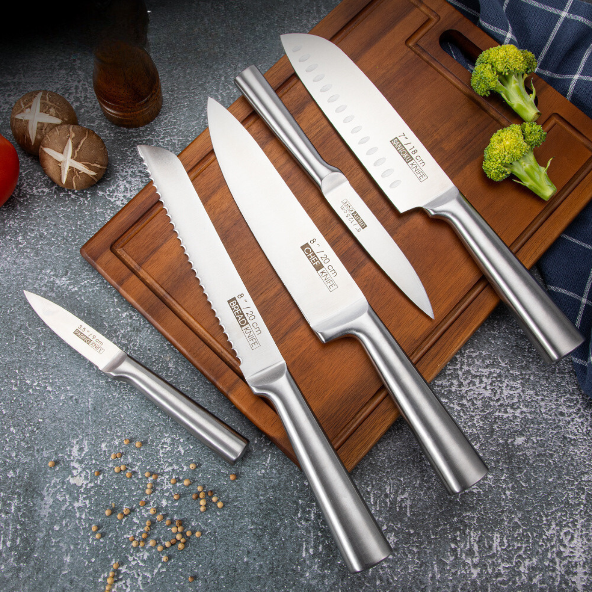 Set De Cocina Cuchillos 5 Piezas Acero Inoxidable Ergonómico