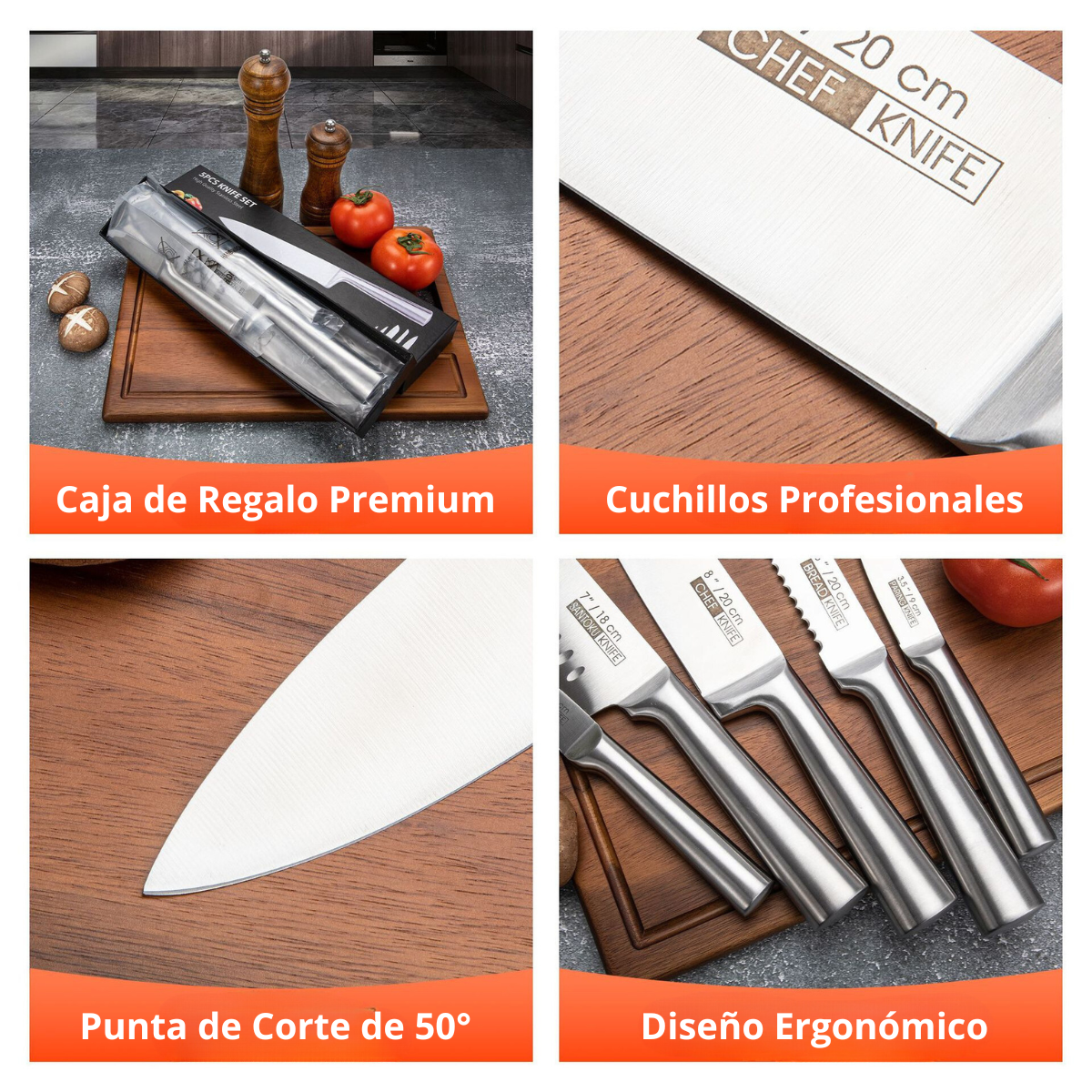 Set De Cocina Cuchillos 5 Piezas Acero Inoxidable Ergonómico