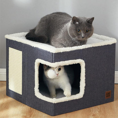 Cama Tipo Casita Para Gato Acolchada Con Rascador