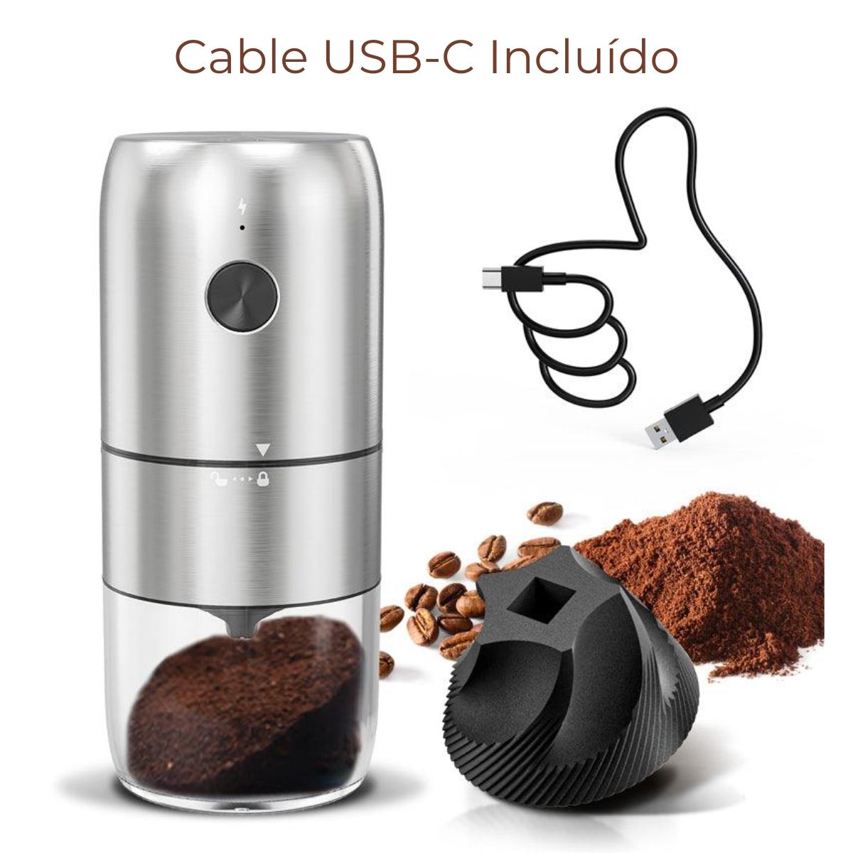 Moledor Molinillo De Granos Cafe Recargable Usb-c Acero Inox