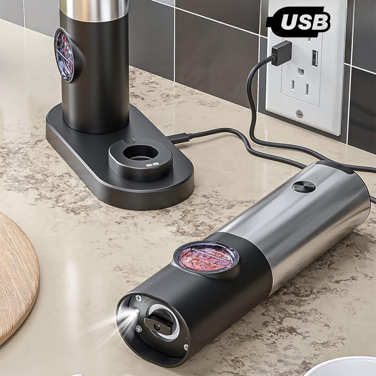 Set de 2 Molinillos USB-C eléctricos de acero inoxidable para Sal, Pimienta y especia s con base recargable