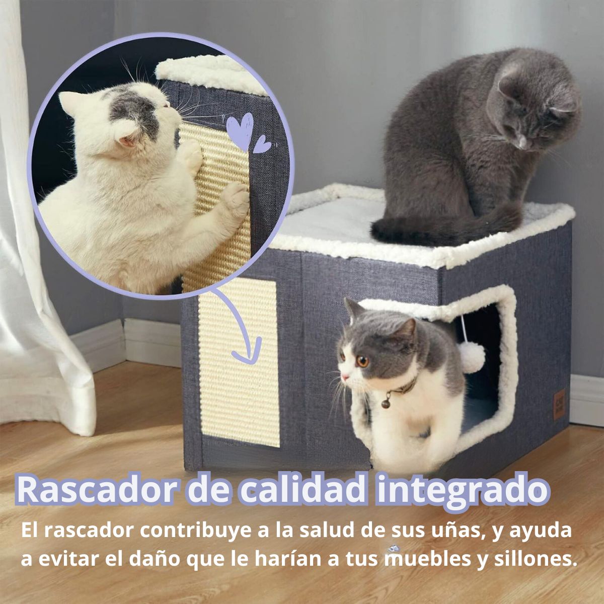 Cama Tipo Casita Para Gato Acolchada Con Rascador