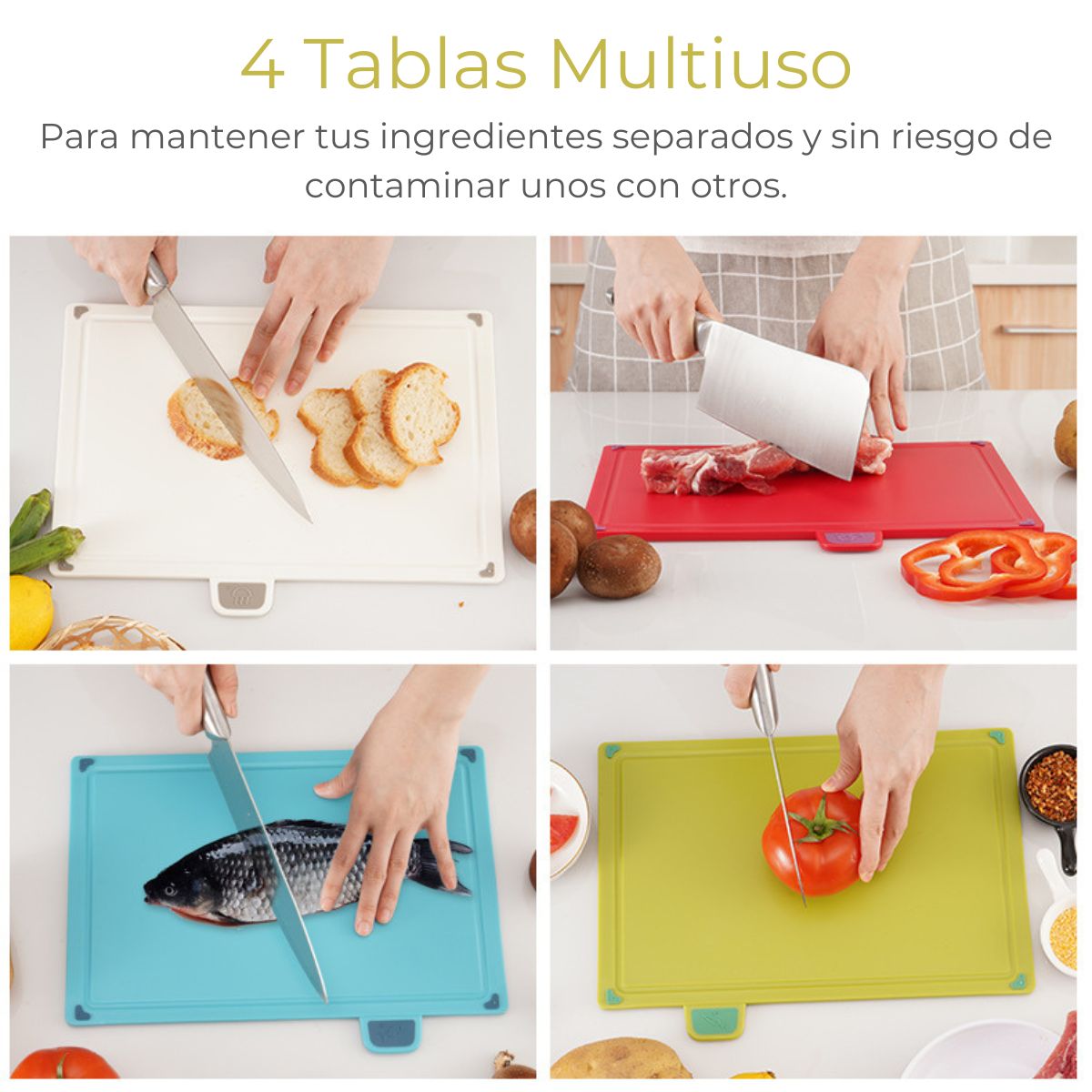 Juego De 4 Tablas De Cortar De Plástico Colores Multiuso