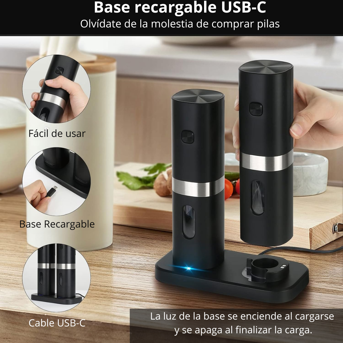 Set 2 Molinillos Sal y Pimienta Con Base Recargable USB-C