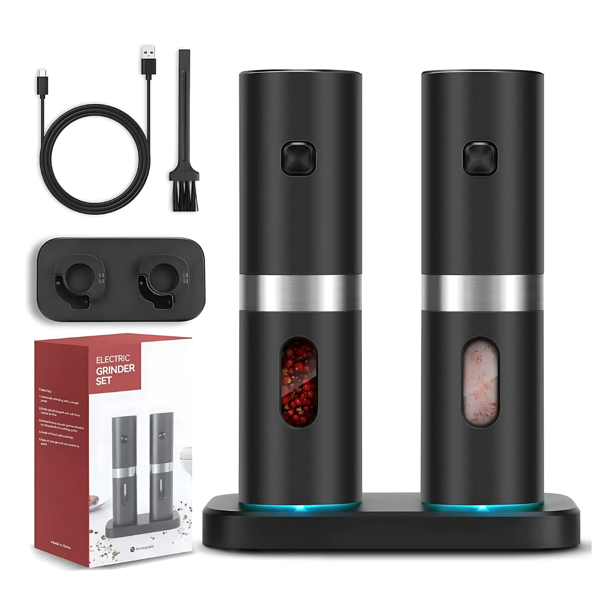 Set 2 Molinillos Sal y Pimienta Con Base Recargable USB-C