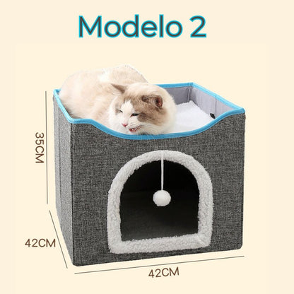 Cama Para Gato Tipo Casita de 2 Niveles Plegable Con Rascador