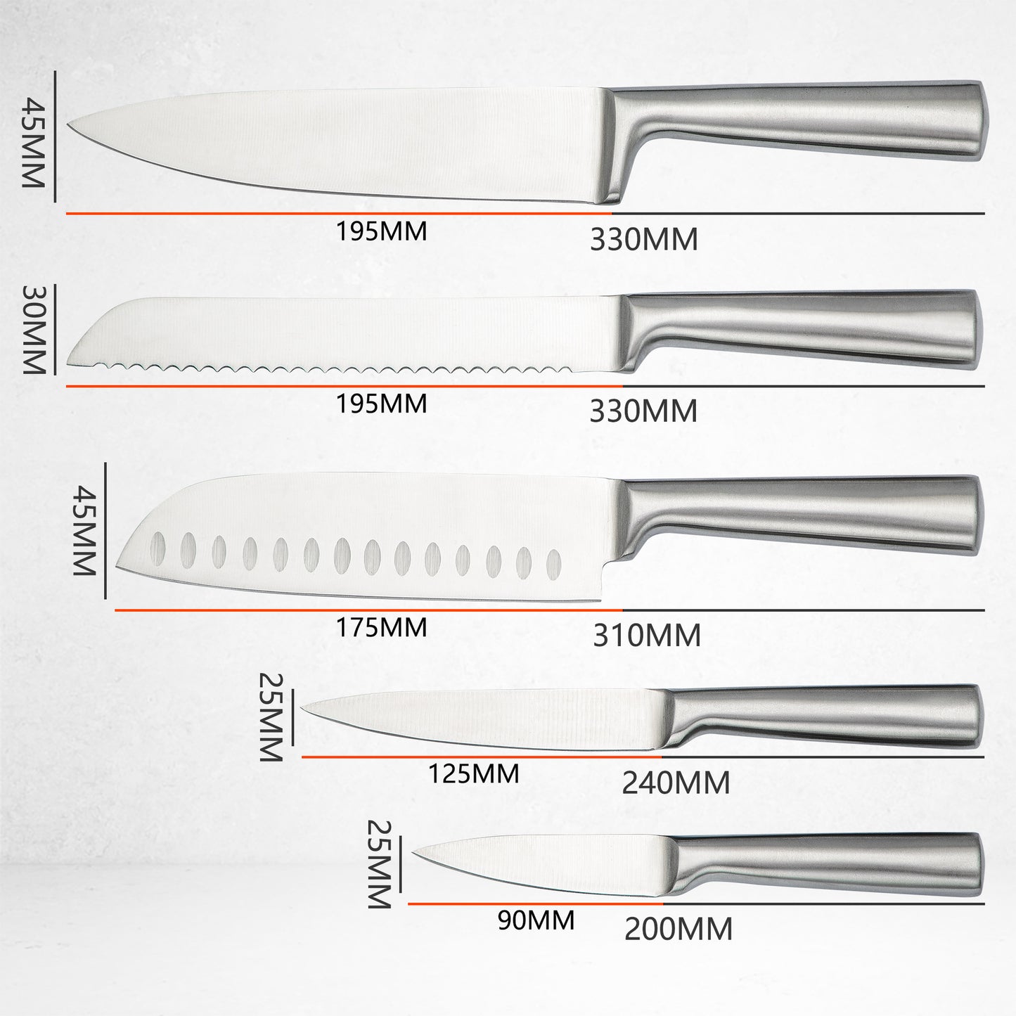 Set De Cocina Cuchillos 5 Piezas Acero Inoxidable Ergonómico