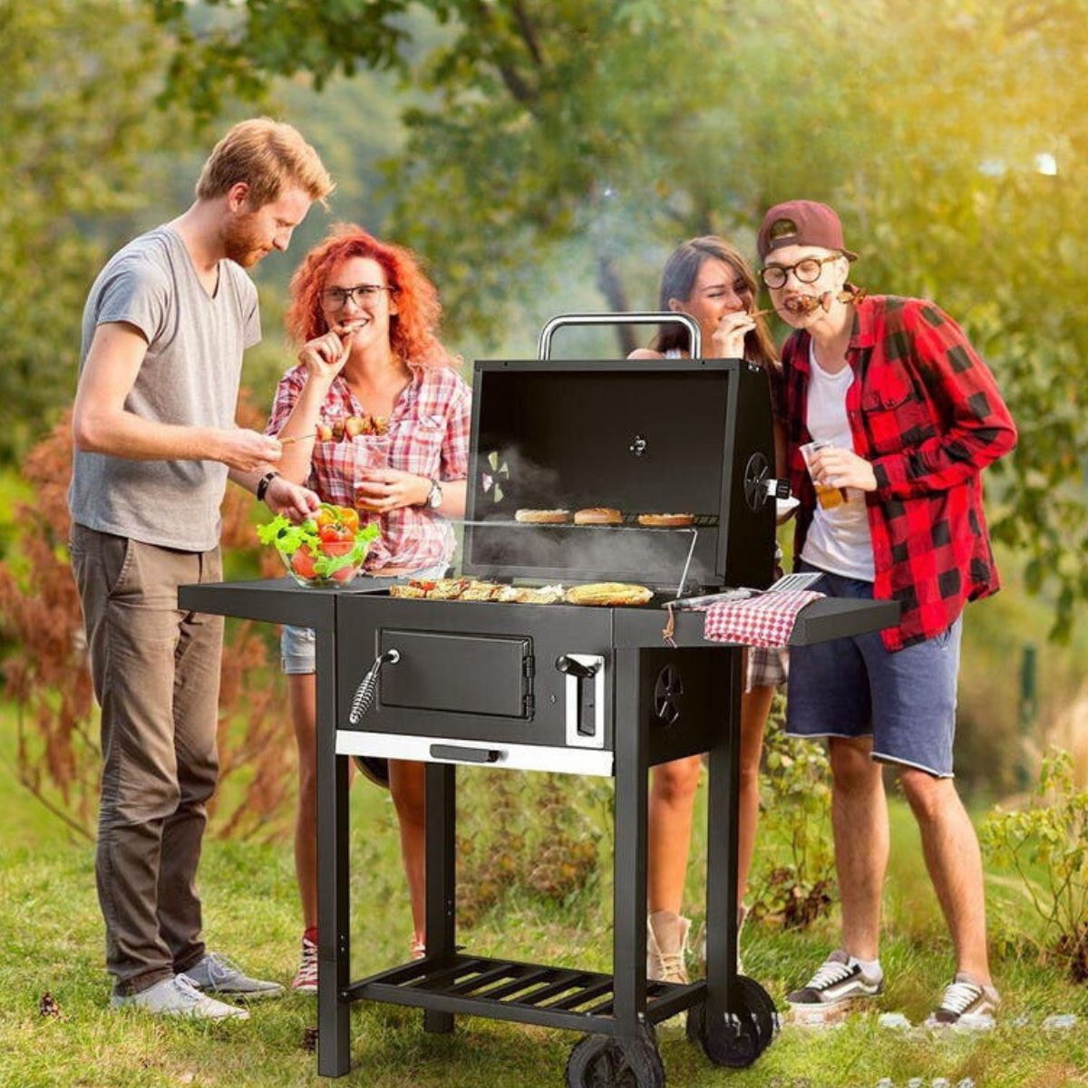 Parrilla A Carbón Con Ruedas Y Mesa Auxiliar Doble