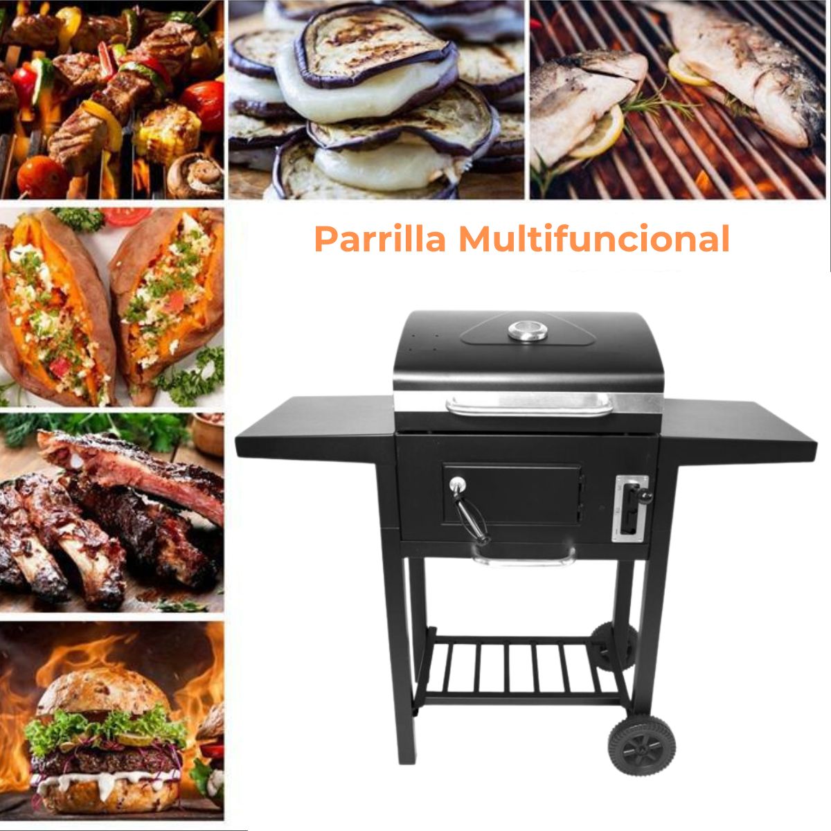 Parrilla A Carbón Con Ruedas Y Mesa Auxiliar Doble