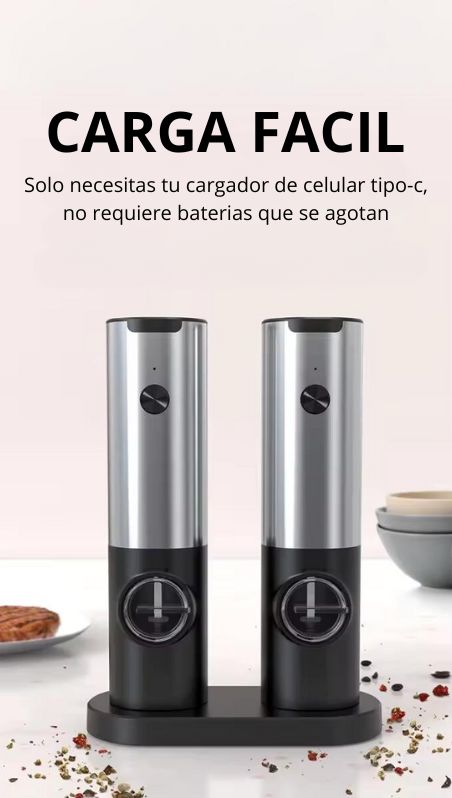 Set de 2 Molinillos USB-C eléctricos de acero inoxidable para Sal, Pimienta y especia s con base recargable