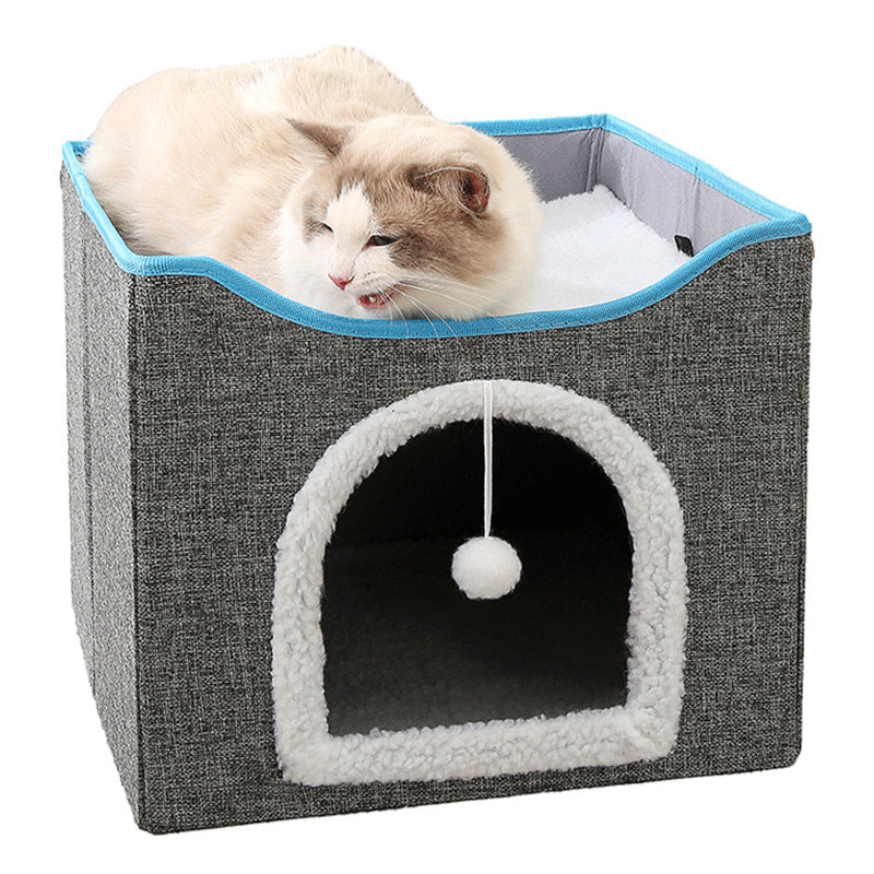 Cama Para Gato Tipo Casita de 2 Niveles Plegable Con Rascador