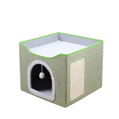 Cama Para Gato Tipo Casita de 2 Niveles Plegable Con Rascador