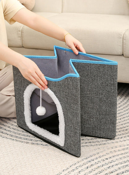 Cama Para Gato Tipo Casita de 2 Niveles Plegable Con Rascador