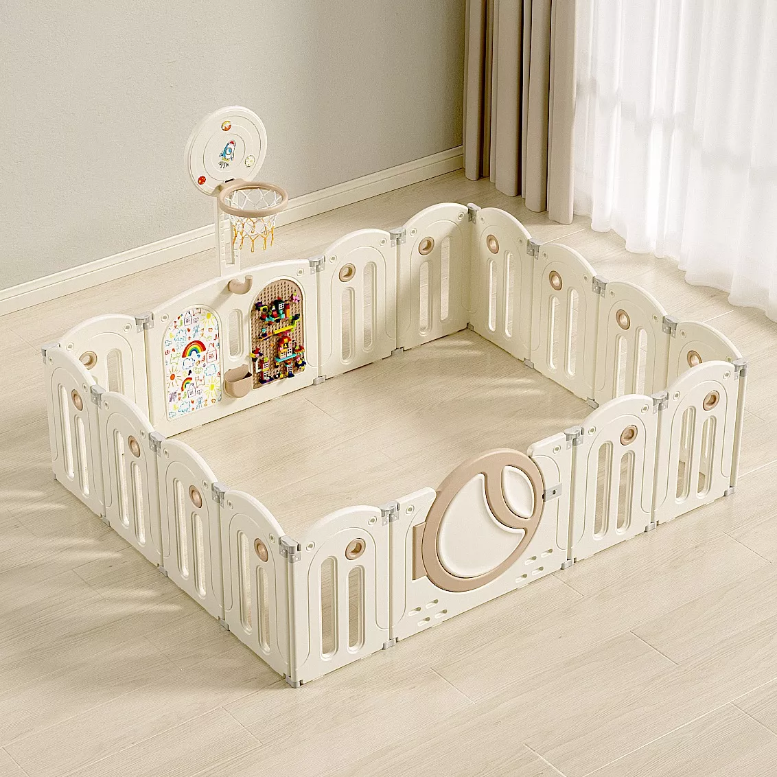 Corral para bebe con juegos Seguro y resistente con Pizarra Legos y Aro Basket