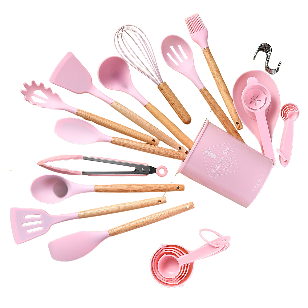 Set De Utensilios De Cocina Silicona Mango Madera 34 Pzas