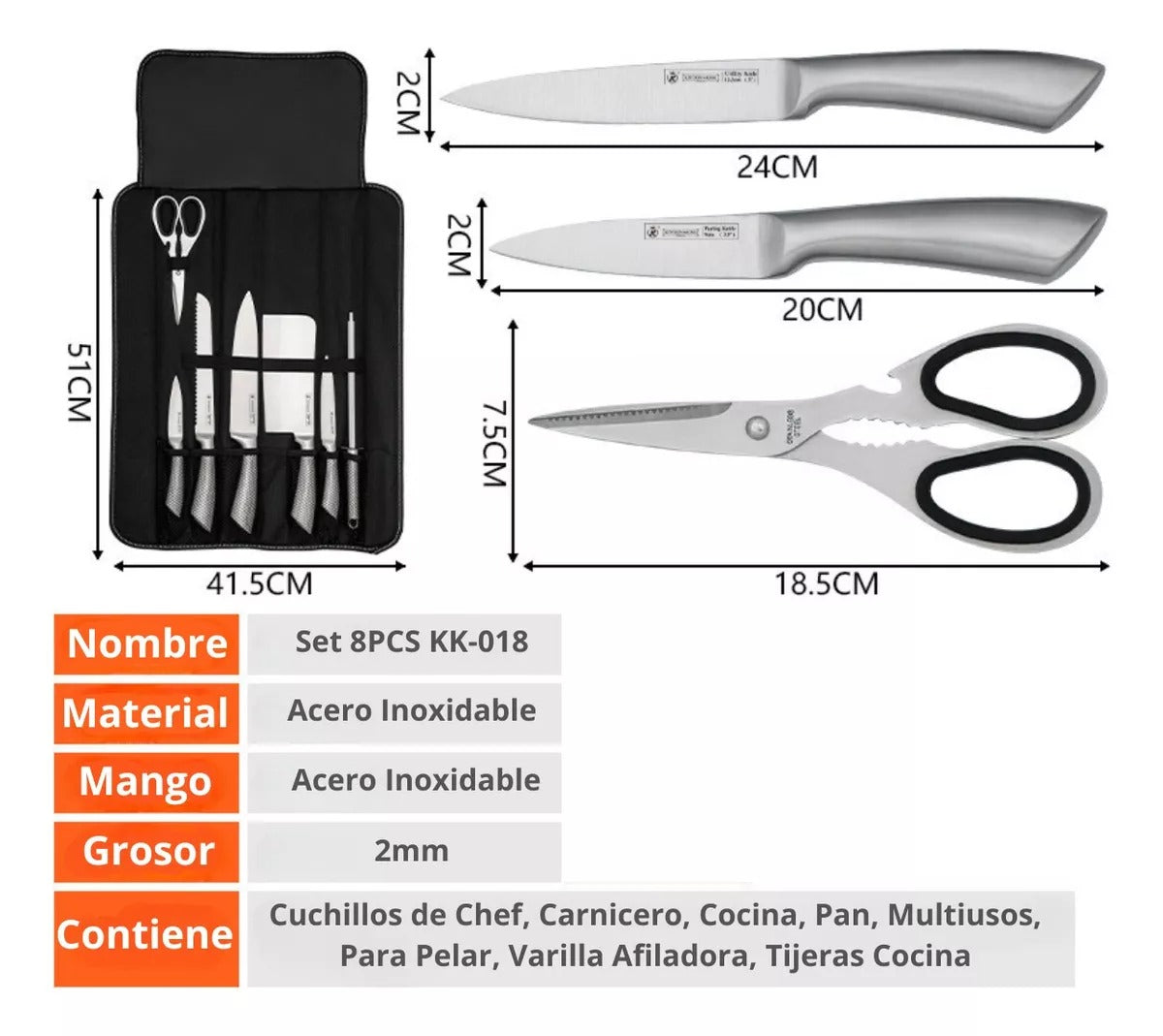 Set Cocina Cuchillos 7 Piezas De Acero Inoxidable + Bolso