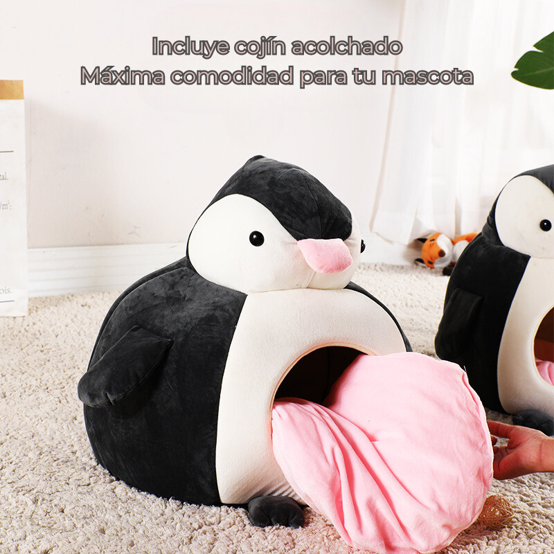 Cama Tipo Casita para Mascota Acolchada Pingüino Para Gatos Y Perros