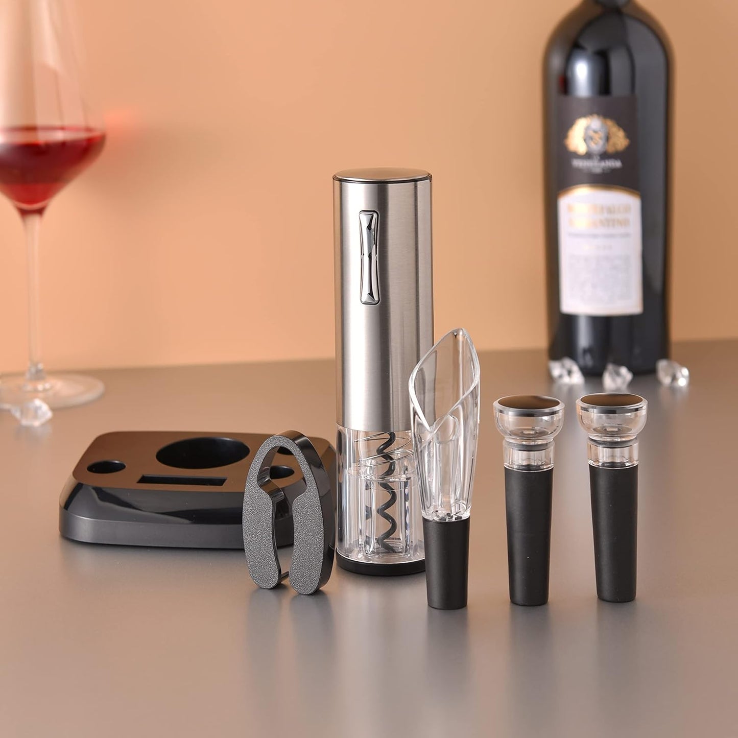 Set Para Vinos Eléctrico Carga Usb con Sacacorchos Tapón Al Vacío y Aireador