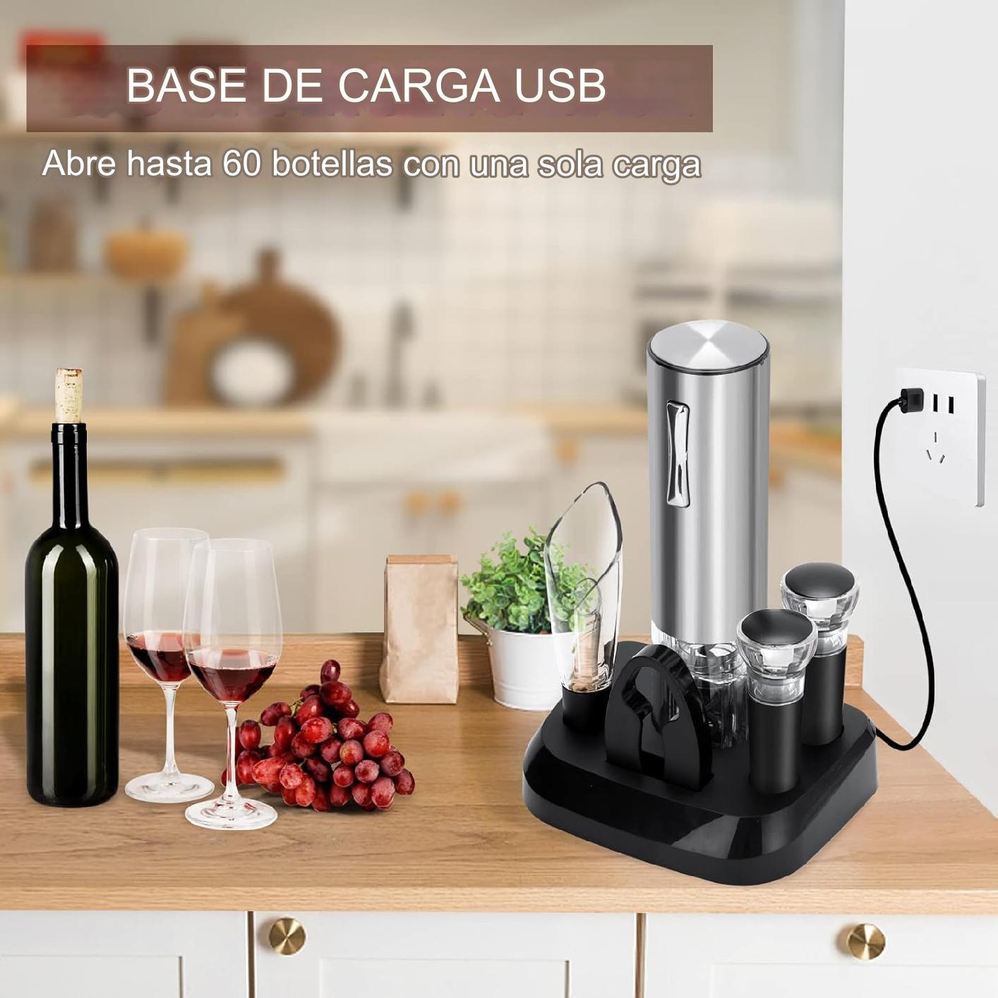 Set Para Vinos Eléctrico Carga Usb con Sacacorchos Tapón Al Vacío y Aireador