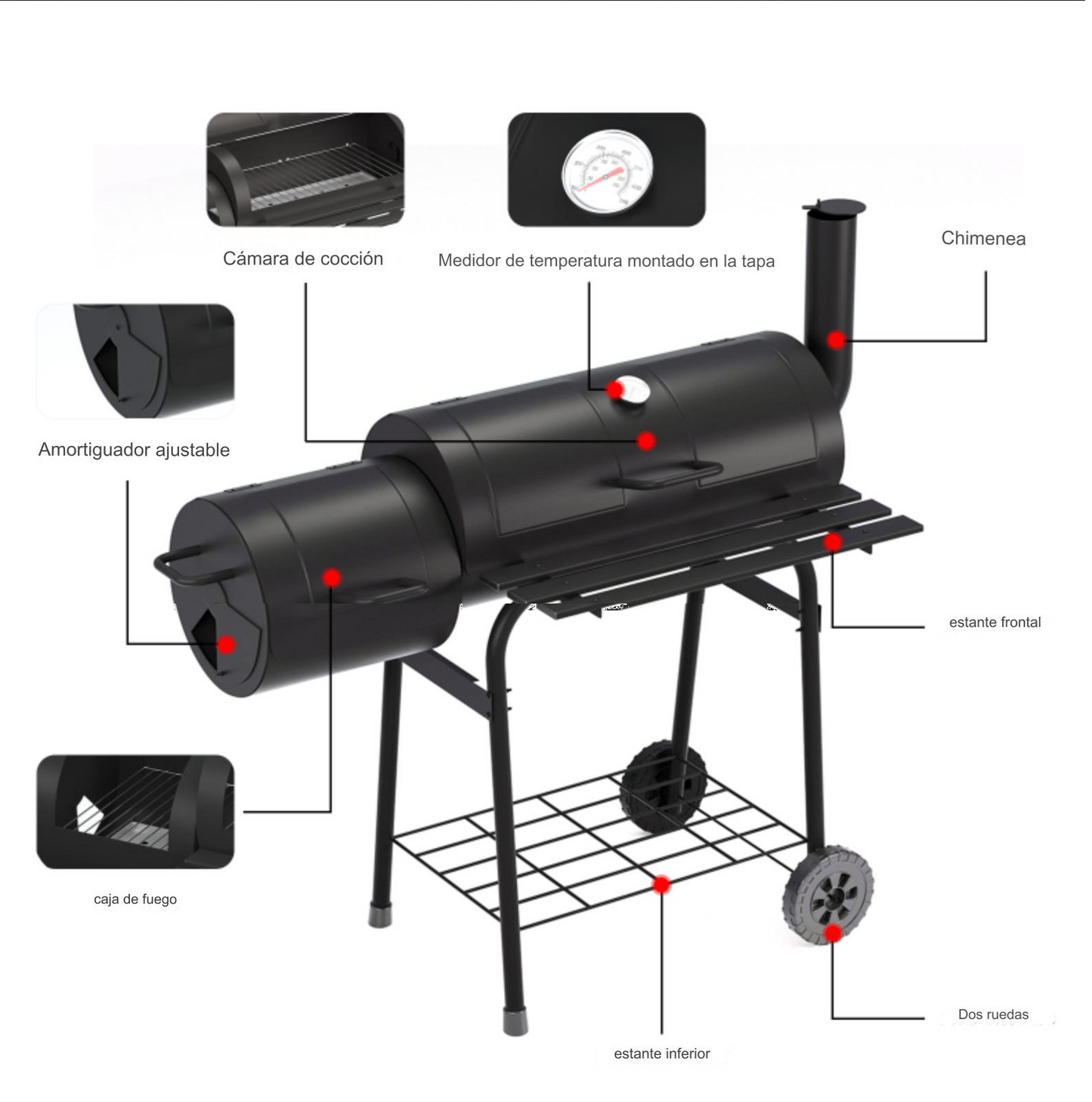 Parrilla A Carbón con Ahumador Lateral Ajustable con repisas Offset Smoker