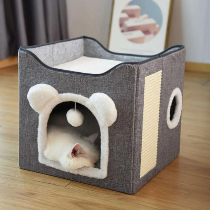 Tuto Michi - Cama Para Gato Tipo Casita de 2 Niveles Plegable Con Rascador