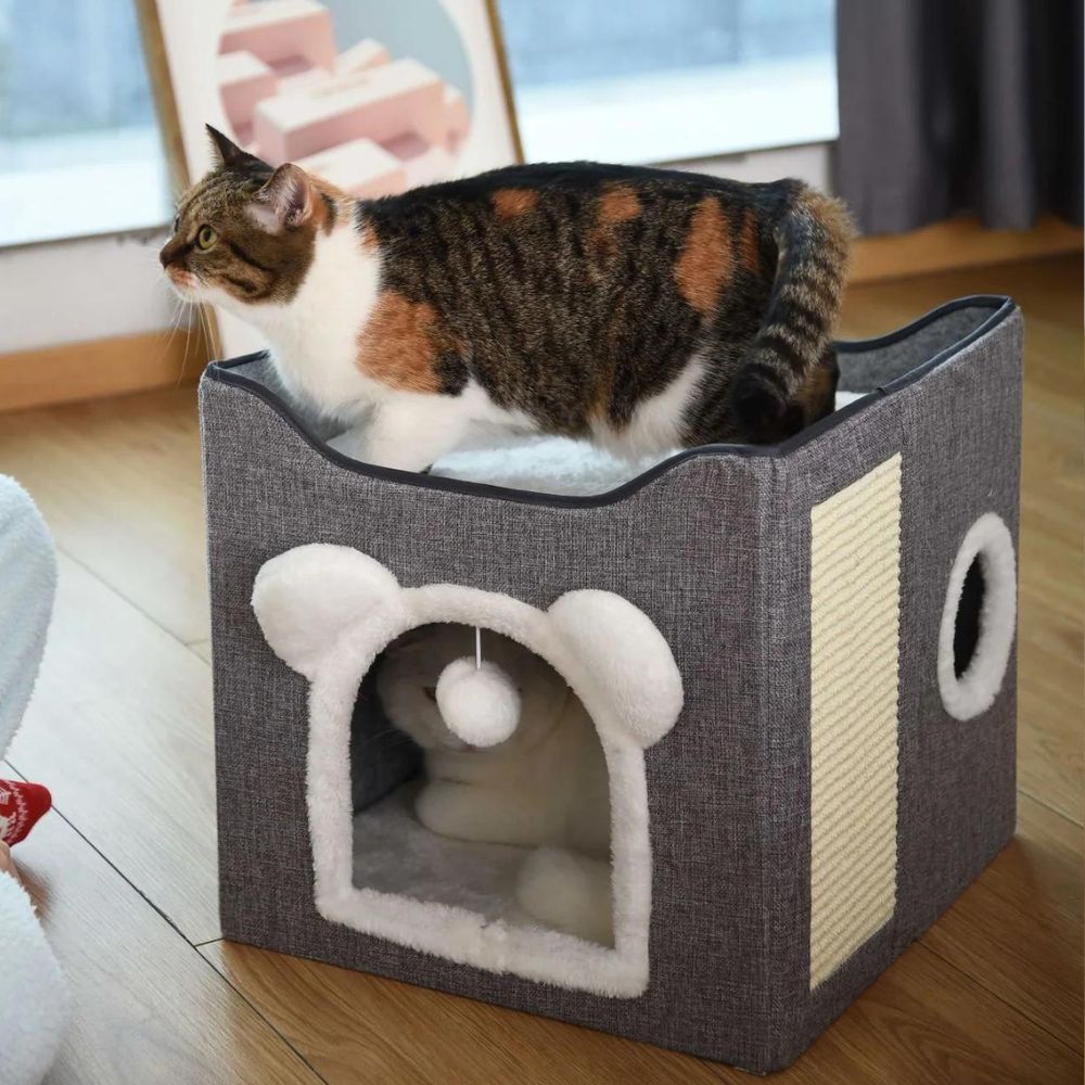 Tuto Michi - Cama Para Gato Tipo Casita de 2 Niveles Plegable Con Rascador