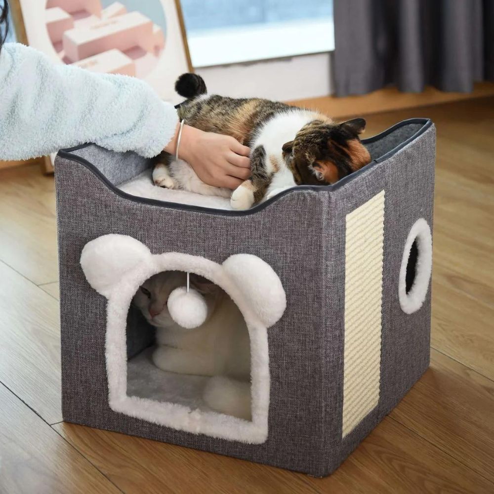 Tuto Michi - Cama Para Gato Tipo Casita de 2 Niveles Plegable Con Rascador